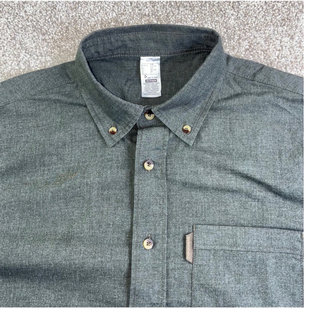 SOLOGNAC Mens L Dark Green Button Down Cotton Long Sleeve Shirt Workwear Casual